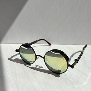 RONSOU Steampunk Style‎ Round Vintage Brown Sunglasses Gold Mirrored Lens